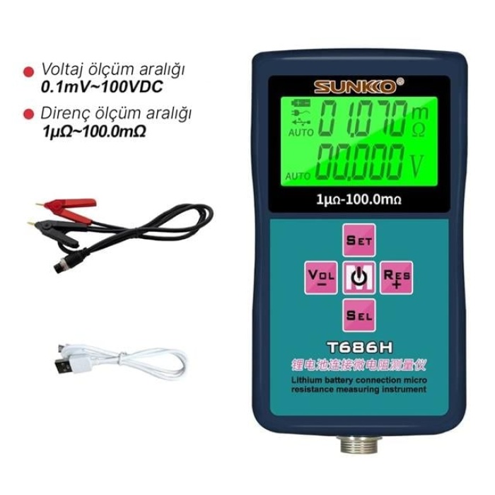 Sunkko T686H Hassas Pil İç Direnç ve Voltaj Test Cihazı (0-100V - 0-100 Ohm)