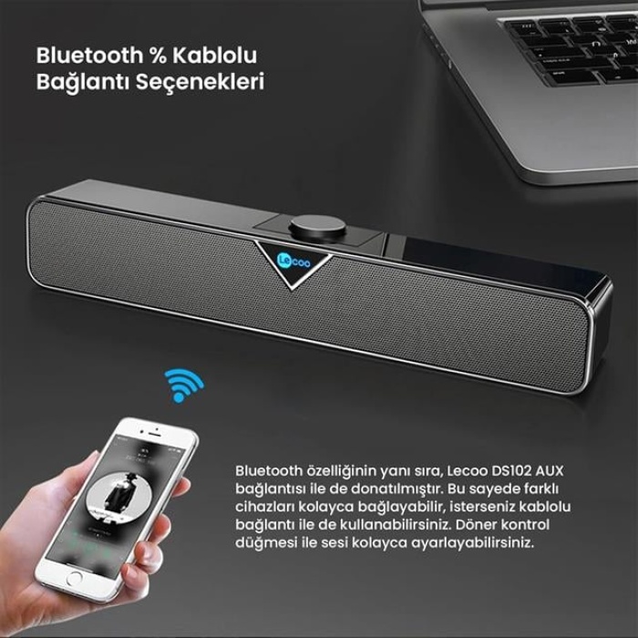 Lenovo Lecoo DS102 Siyah Usb-Aux Kablolu 6 Watt Bluetooth Stereo Soundbar Speaker - Hoparlör