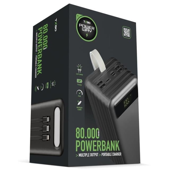 POWERWAY TX80 DİJİTAL GÖSTERGELİ  IŞIKLI ORJİNAL 80000 MAH KABLOLU POWERBANK