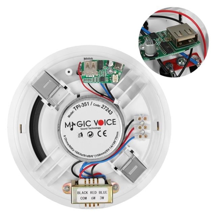 MagicVoice TPI-351 6 (16 CM) Hat Trafolu Alçıpan/Asma Tavan Tipi Hoparlör (6W RMS - MP3 USB Uyumlu) - Beyaz