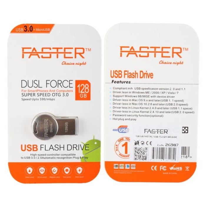 Faster 128 GB Dusl Serisi USB 3.0 Yüksek Hızlı Metal Flash Bellek