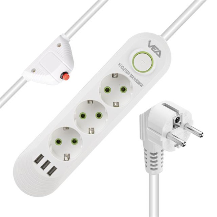 Vea VA-21558 3lü 3 USBli 1.5 Metre Akım Korumalı Priz Beyaz