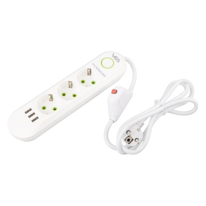 Vea VA-21558 3lü 3 USBli 1.5 Metre Akım Korumalı Priz Beyaz