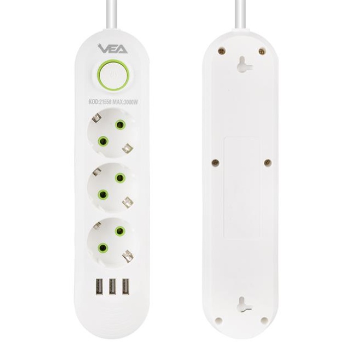 Vea VA-21558 3lü 3 USBli 1.5 Metre Akım Korumalı Priz Beyaz