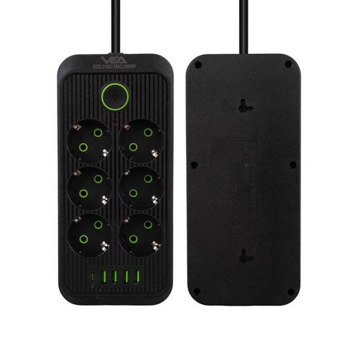 VEA VA-21563 6Lı 4 USB + 1 Type-C Akım Korumalı Grup Priz 1.5 Metre Kablo
