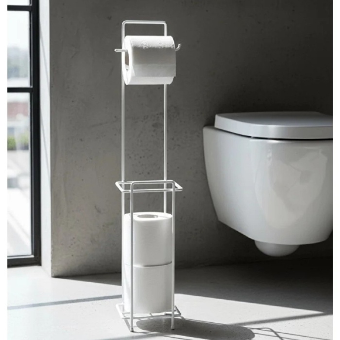 Beyaz Standlı Yedek Hazneli Tuvalet Kağıtlığı