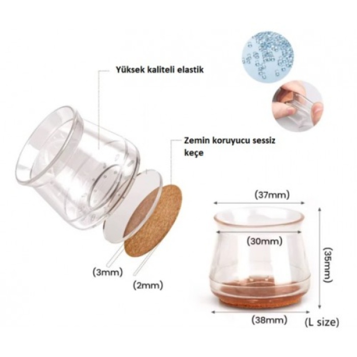 4lü Keçeli Şeffaf Silikon Sandalye Ayak Koruyucu Seti