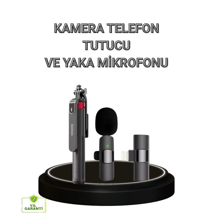 Vlog ve Canlı Yayın İçin Çift Yaka Mikrofonu ve Tripodlu Selfie Çubuğu Seti