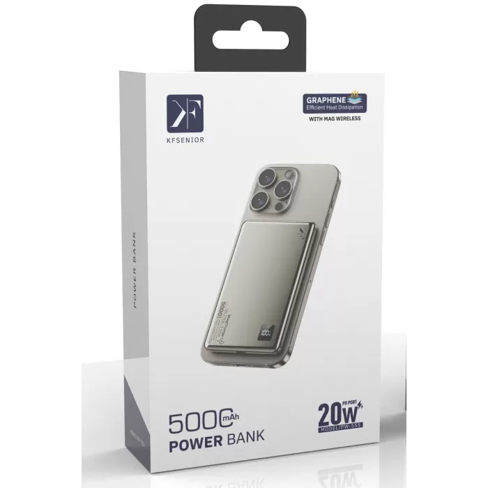 Newface PW555 5.000 mAh Dijital Göstergeli 18W Type-C ve 15W Kablosuz Şarj PD Hızlı Şarj Magsafe Powerbank - Titanyum
