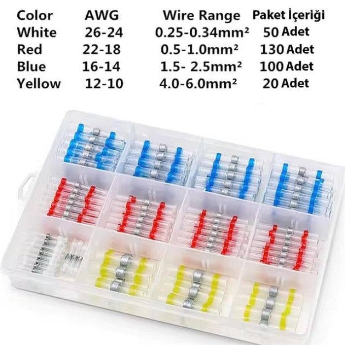 PowerMaster PM-24703 Dahili Lehimli Mühür Makaron 300 Adet 4 Boy Isıyla Daralan Kablo Koruması