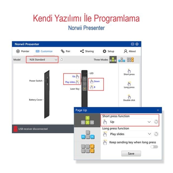 Norwii N26 2.4Ghz USB Kablosuz Profesyonel Sunum Kumandası (100M Kırmızı Lazer Menzil)