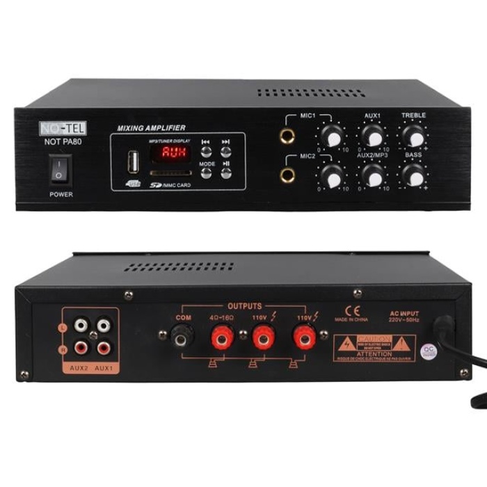 No-Tel 80 W Mini USB-SD-Bluetooth 70-100 V 2 Mik. Giriş Trafolu Anfi NOT-PA80