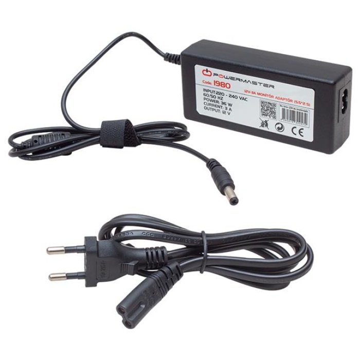 Powermaster PM-1980 12 Volt - 3 Amper - 36 Watt 5.5*2.5 Mm Uçlu Plastik Kasa Masaüstü Adaptör