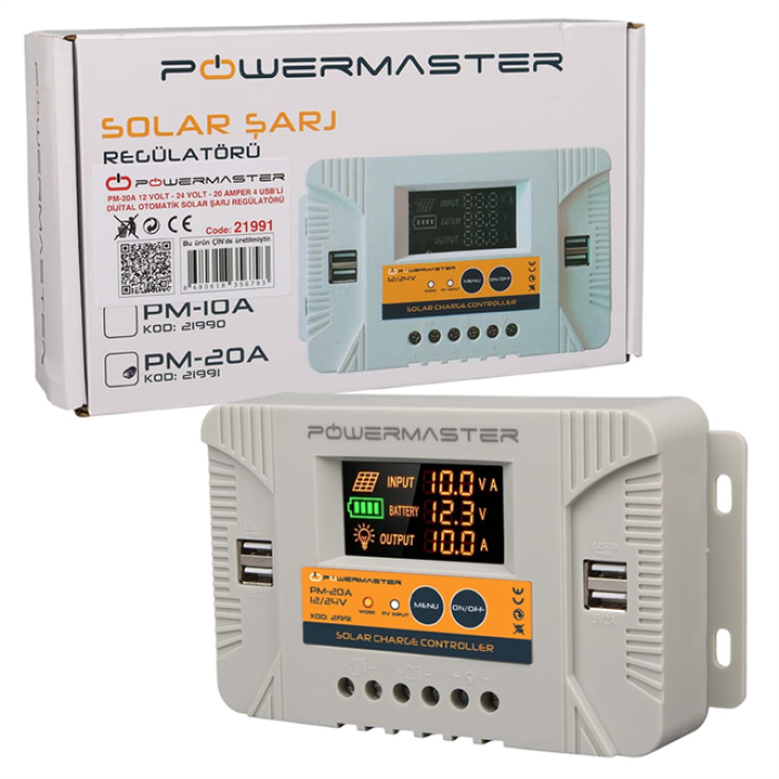 Powermaster PM-20A 12V-24V 20A 4 Usbli Dijital Otomatik Solar Şarj Regülatörü