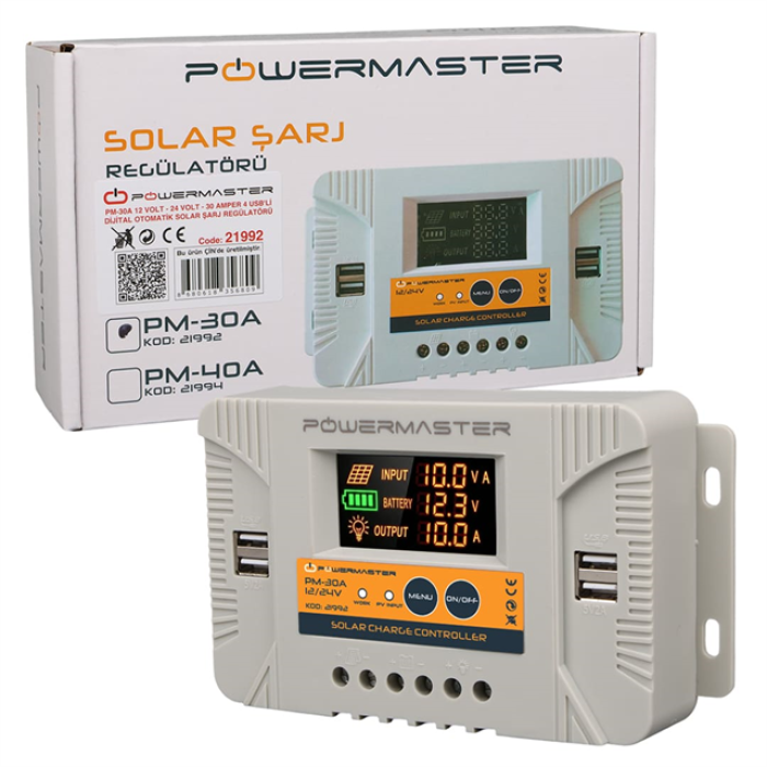 Powermaster PM-30A 12V-24V 30A 4 Usbli Dijital Otomatik Solar Şarj Regülatörü