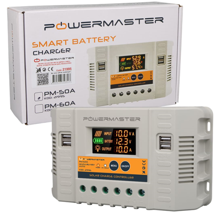Powermaster PM-50A 12V-24V-36V-48V 50A 4 Usbli Dijital Otomatik Solar Şarj Regülatörü