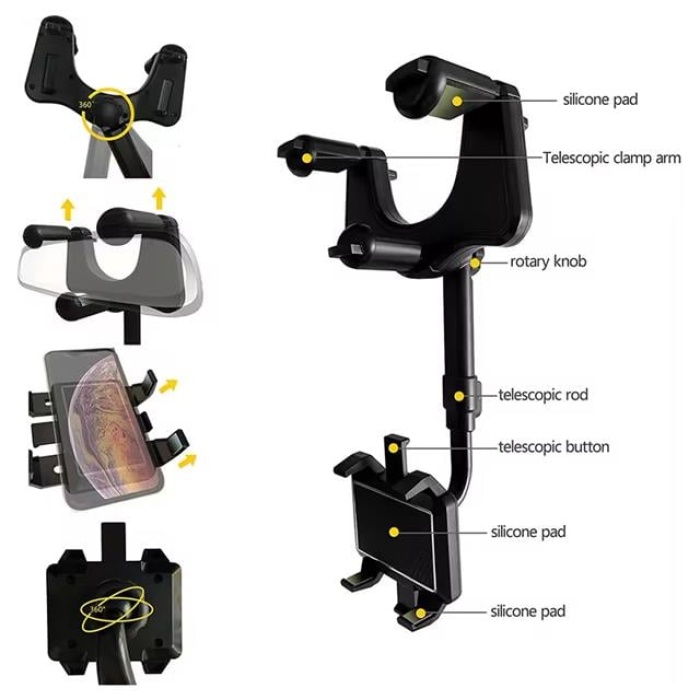 PowerMaster PM-25159 Araç İçi Dikiz Aynası Telefon Tutucu 360 Derece Ayarlanabilen