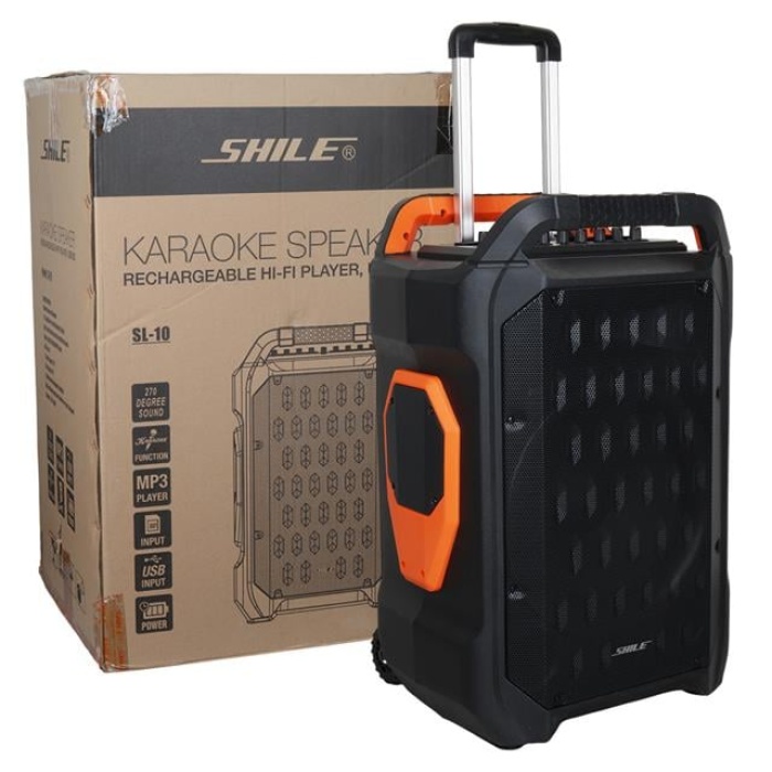 Shile SL-10 120 Watt Taşınabilir Seyyar Amfi Hoparlör Kablosuz 1 EL + 1 Yaka Mikrofonlu Kumandalı USB+SD+BT