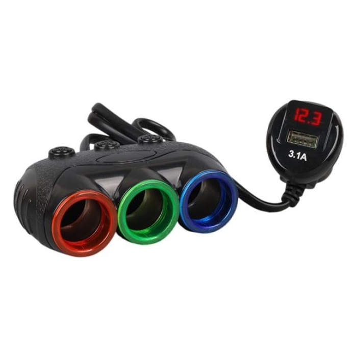 Olesson 1633 12-24V 3Lü Usbli 120W 80Cm Kablolu Dijital Ekranlı Araç Çakmak Çoklayıcı
