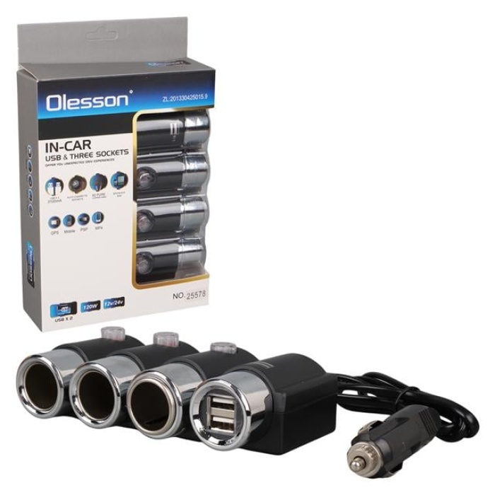 Olesson 1508 12-24V 3Lü Çift Usbli 120W 80 Cm Kablolu Araç Çakmak Çoklayıcı