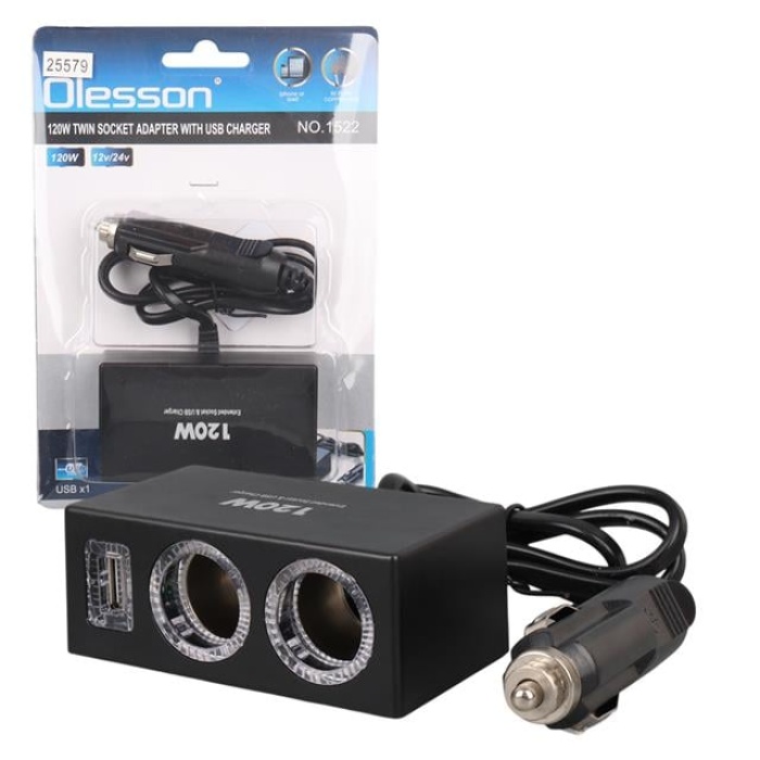 Olesson 1522 12-24V Tek USB Girişli 120W 80cm Kablolu 2li Araç Çakmak Çoklayıcı