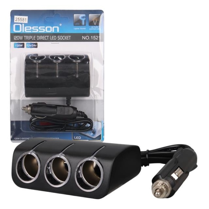 Olesson 1521 12-24V 120W 80 CM Kablolu 3LÜ Araç Çakmak Çoklayıcı