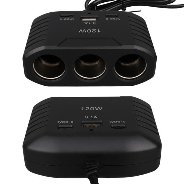 Olesson 2012 12-24V Çift TYPE-C - Tek USB Girişli 120W 80cm Kablolu 3LÜ Araç Çakmak Çoklayıcı