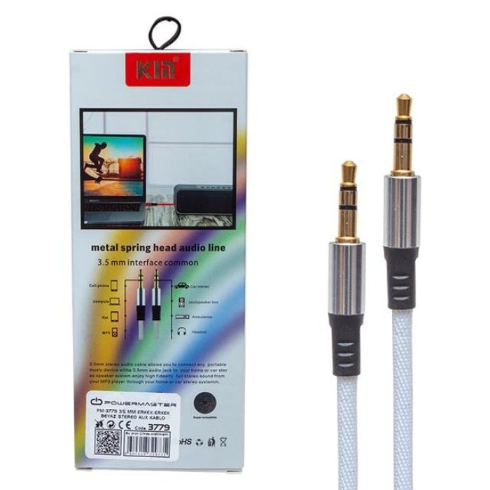 Powermaster PM-3779 Beyaz 3.5 Mm Erkek/Erkek 115 Cm Stereo Aux Kablo