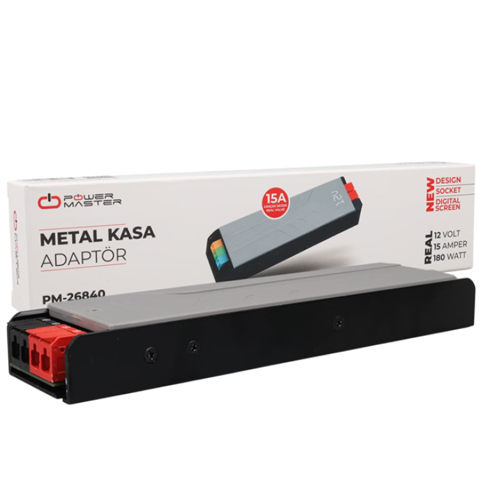 PowerMaster PM-26840 12 Volt 15 Amper 180 Watt Slim Metal Kasa Adaptör Voltaj Göstergeli 218x51x27mm