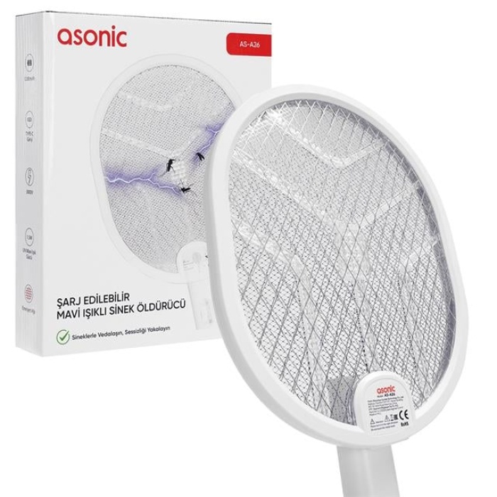 Asonic AS-A26 1200mAh 3000V Çıkış UV Işıklı Şarjli Katlanabilir Askılı Raket Sinek Öldürücü