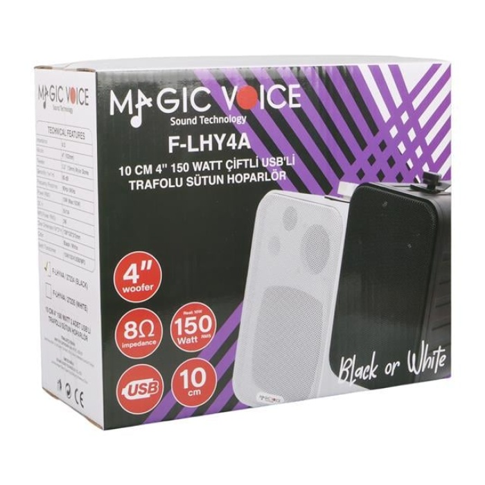 MagicVoice F-LHY4A 4 (10 CM) Hat Trafolu Duvar Tipi Sütun Hoparlör (10W RMS / 150W Peak - MP3 USB Uyumlu) Çiftli Takım Set - Siyah