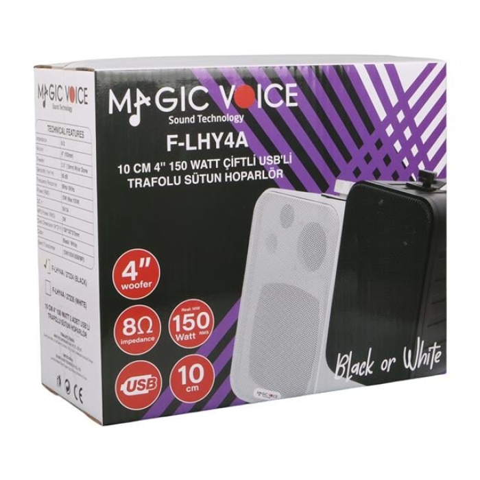 MagicVoice F-LHY4A 4 (10 CM) Hat Trafolu Duvar Tipi Sütun Hoparlör (10W RMS / 150W Peak - MP3 USB Uyumlu) Çiftli Takım Set - Beyaz