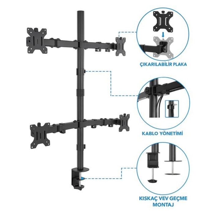 PowerMaster PM-054 13-27 Dörtlü (Quad) Mekanik LCD-LED Gaming Monitör Tutucu Masa Stand Askı Aparatı