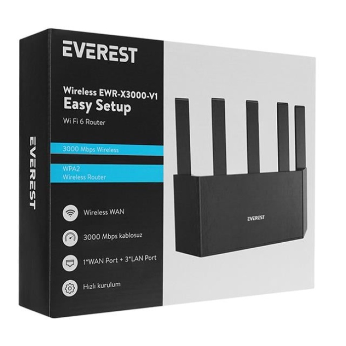 Everest EWR-X3000MBPS-V1 X3000Mbps Dualband 5*6dBi 1 Wan Port + 3 Lan Port Wi-Fi 6 Wisp+Ap+Repeater Destekli Kablosuz Wifi Router