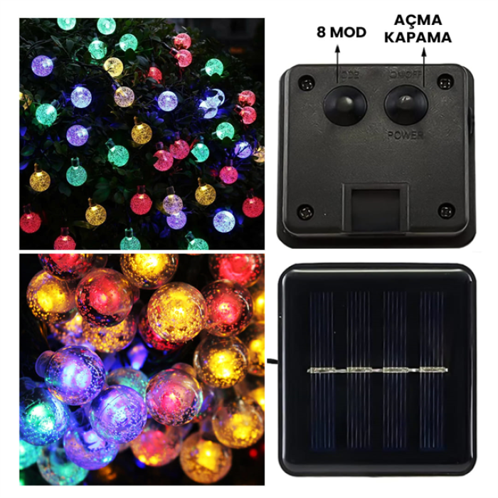 PowerMaster PM-29080 Solar Balon LED Dekoratif Bahçe Lambası 12M 100 Adet Çok Renkli Animasyonlu Dış Mekan LED Işık Zinciri