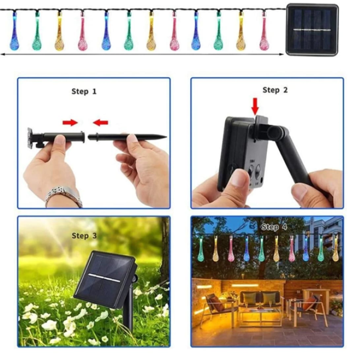 PowerMaster PM-29077 8 Modlu Solar 5M Renkli Su Damlası LED Zinciri - Su Geçirmez Bahçe ve Balkon Aydınlatması