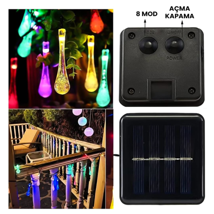 PowerMaster PM-29077 8 Modlu Solar 5M Renkli Su Damlası LED Zinciri - Su Geçirmez Bahçe ve Balkon Aydınlatması