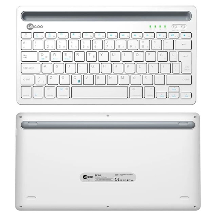 Lenovo Lecoo BK100 Bluetooth V3.0 Çoklu Cihaz Uyumlu Şarj Edilebilir Kablosuz Beyaz Türkçe Q Klavye