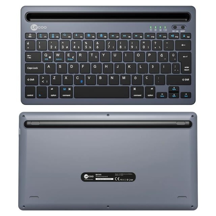 Lenovo Lecoo BK100 Bluetooth V3.0 Çoklu Cihaz Uyumlu Şarj Edilebilir Kablosuz Gri Türkçe Q Klavye