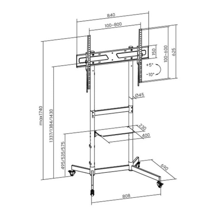 Vontech V1044VE 55-100 Uyumlu Tekerlekli Ayaklı Raflı LCD-LED TV Sehpası Standı