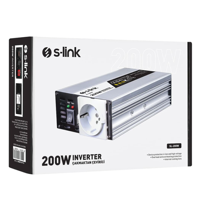 S-Link SL-200W-12 200 Watt DC 12V - AC 230V Anahtarlı Tek USB Portlu Çakmaktan Power Inverter