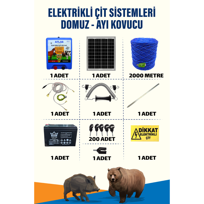 2000mt 25-100 Dönüm 12V Akü ve 25W Güneş Panelli Elektrikli Çit Sistemi + Kapı Yaylı Set