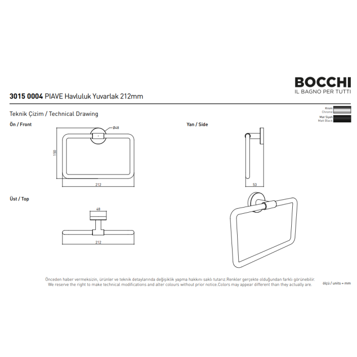Bocchi Piave Havluluk Yuvarlak Mat Siyah 212mm