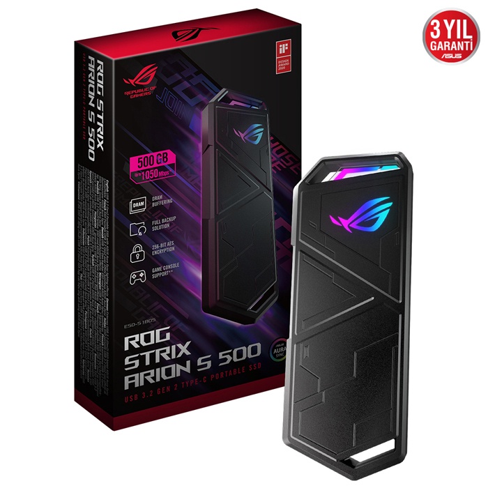 Asus ROG Strix Arion S500 ESD-S1B05 500GB 1050MB/s ARGB USB 3.2 Gen2 Type-C Taşınabilir SSD Disk