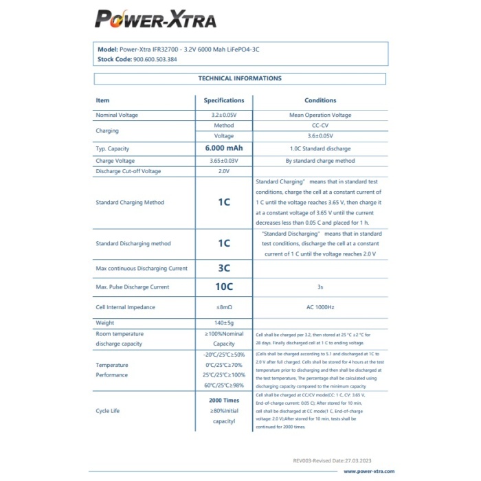 Power-Xtra IFR32700 - 3.2V 6000 Mah LiFePO4 Şarjlı Pil - 3C