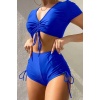  Özel tasarım Yarım Kol Büzgü Detaylı Bikini Üstü Mavi