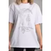 Unisex Taş Desenli Oversize T-Shirt - Beyaz