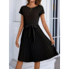 Kadın Kısa Kollu Eteği Pileli Beli Bağcıklı Midi Krep Elbise