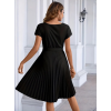 Kadın Kısa Kollu Eteği Pileli Beli Bağcıklı Midi Krep Elbise