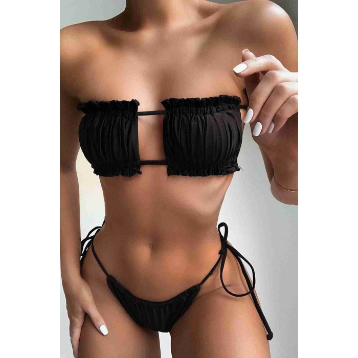 Brezilya Model Büzgülü Bağlamalı Bikini Takım Siyah